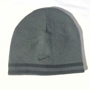 Nike Youth Beanie Grey Black Striped Knit Winter Hat Embroidered Swoosh Logo